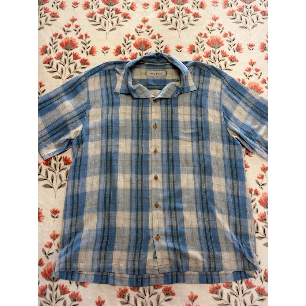 Tommy Bahama 100% Silk Mens XL Blue Plaid Short Sleeve Camp Shirt T35052